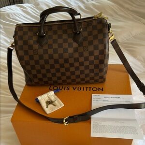 Louis Vuitton Damier Ebene Handbag with Gold Accents Speedy Boudouliere 30